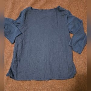 Cut Loose Boatneck Linen Cotton Blend Top Unfinished Look Hem Size Small Blue